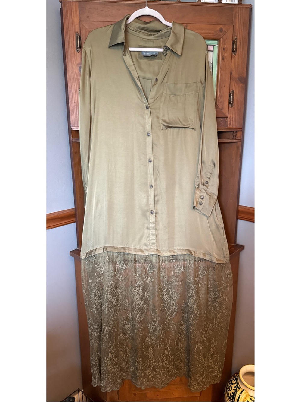 Anthropologie Lace Mix Twofer Satin Maxi Dress olive green satin button-down M - Picture 3 of 16